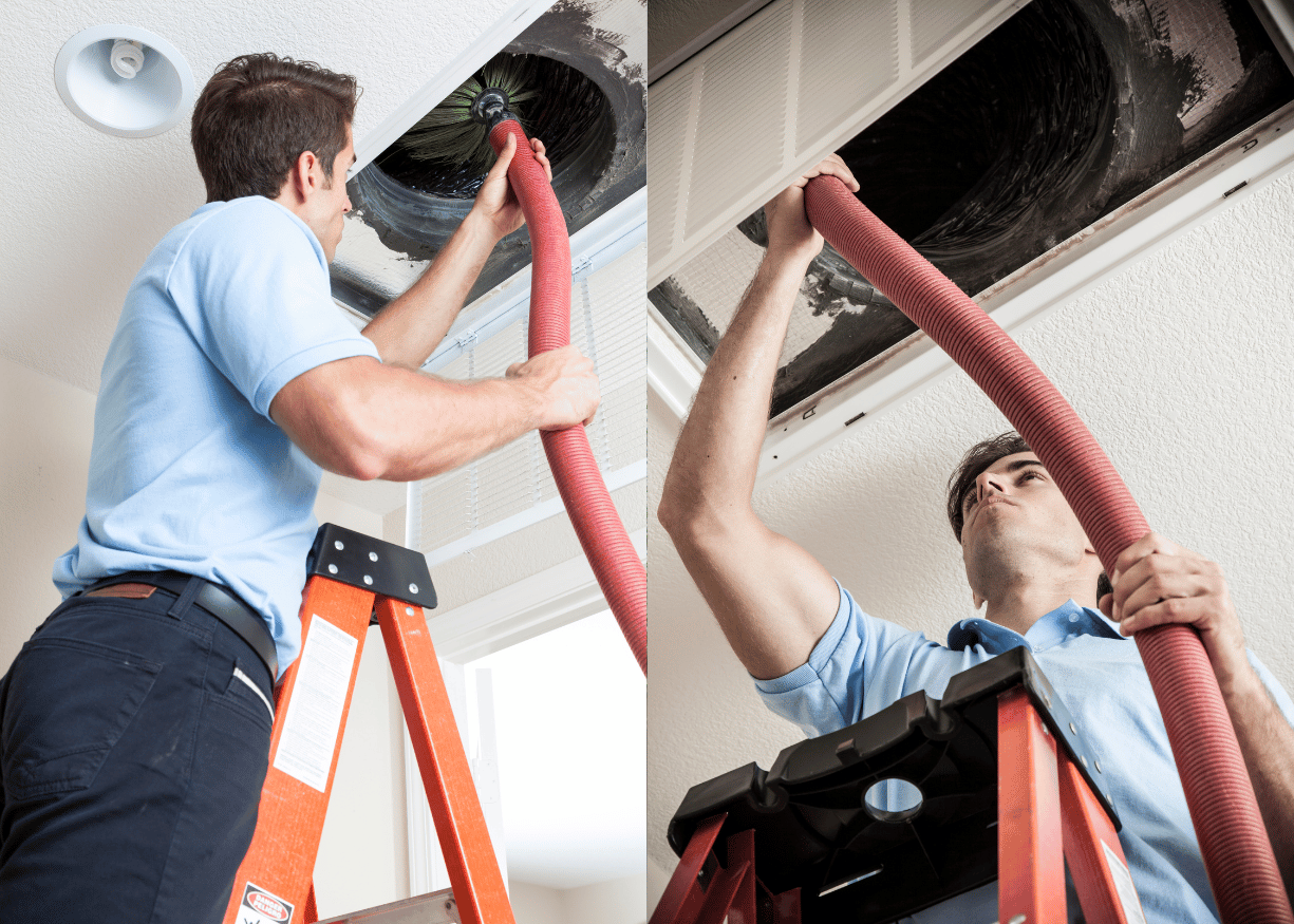 Technician repairing flexible air ducts in attic